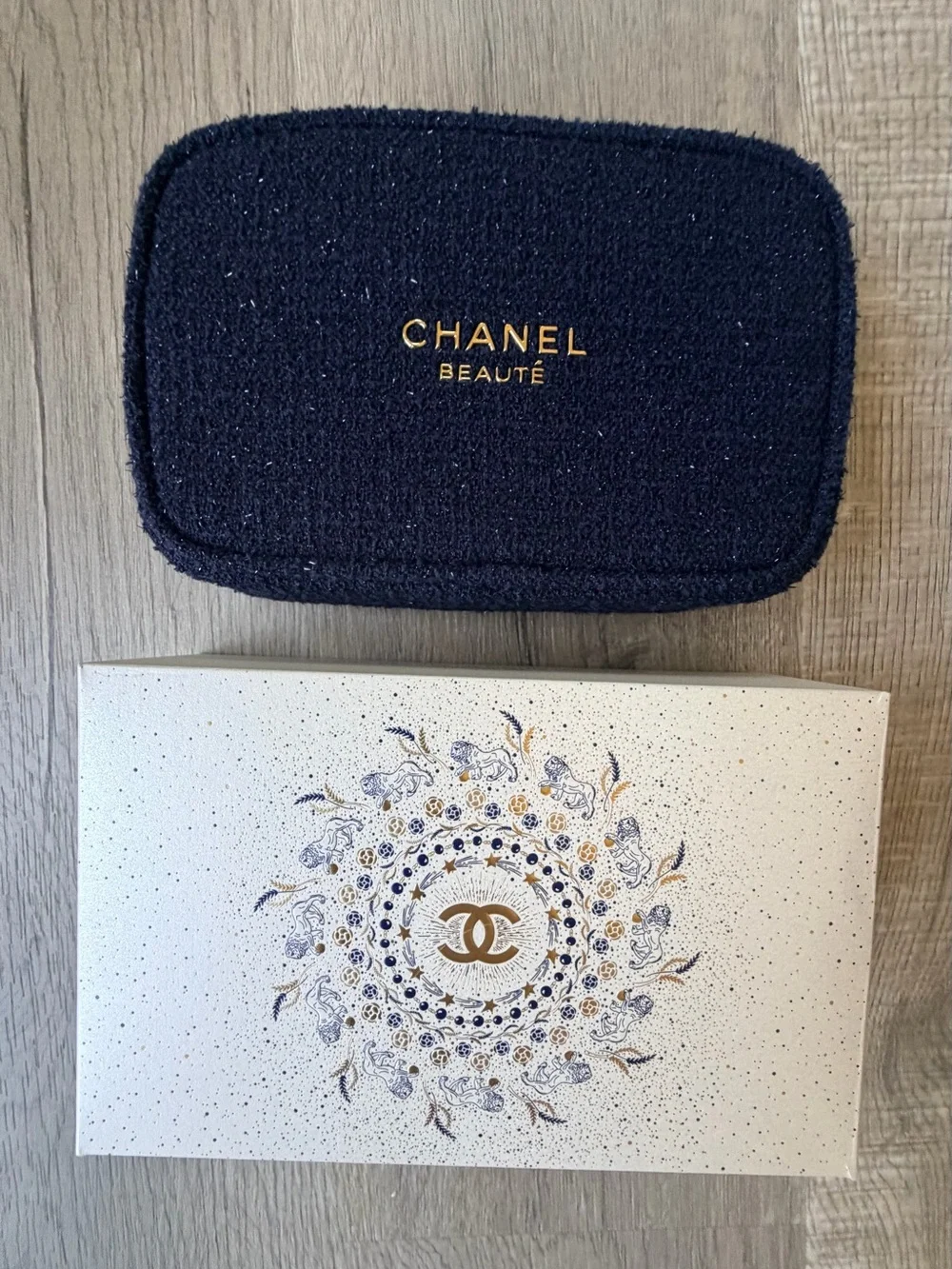 Chanel Beaute Sparkling Blue Cosmetic Pouch w Gold Hardware NEW in Original Box